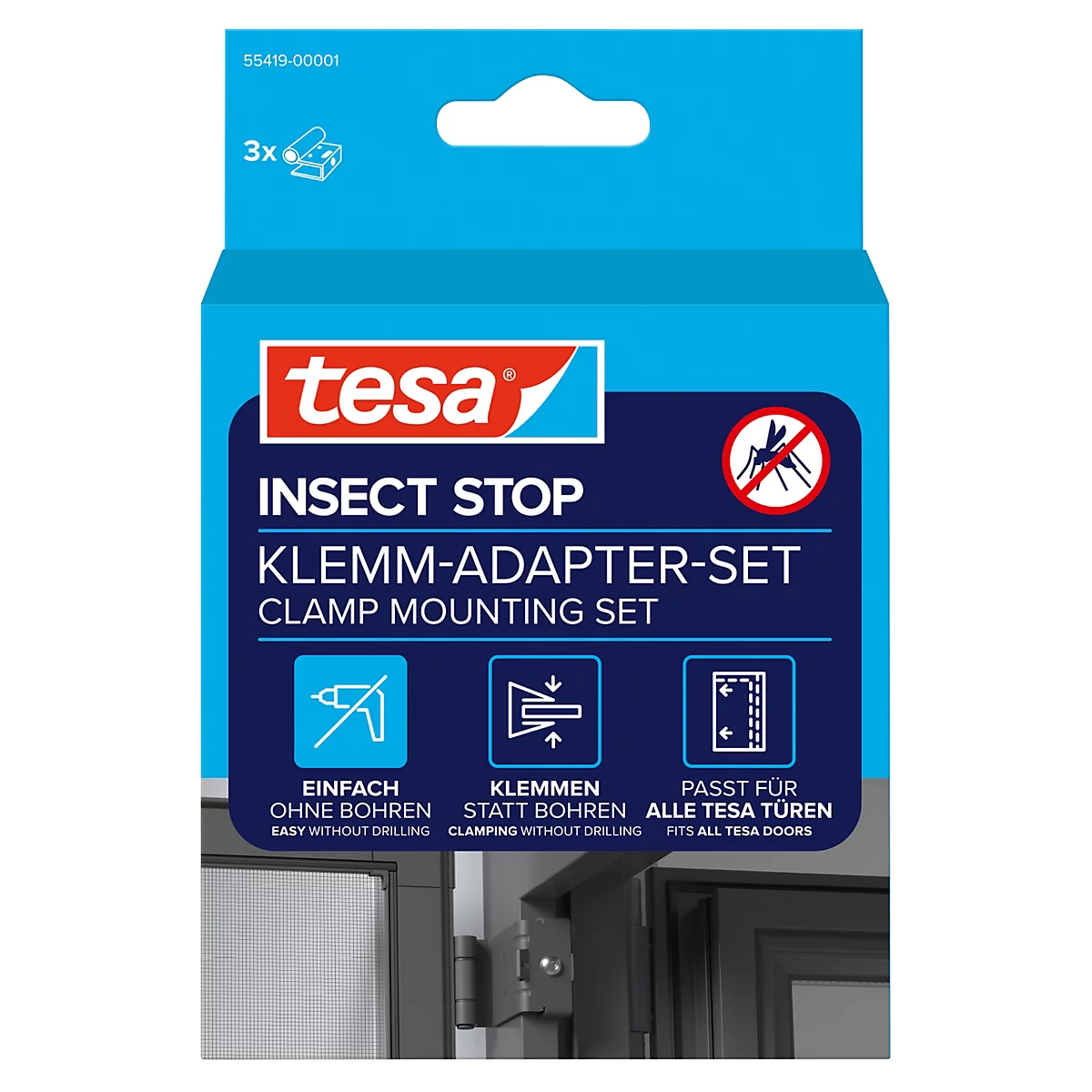Blauer Karton mit Aufschrift "Tesa Insect Stop". Text: "Klemmen statt Bohren" und weitere Informationen.