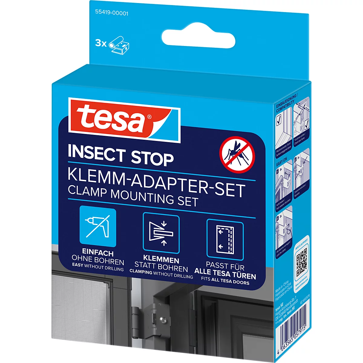Blau-weiße Tesa-Verpackung für Insektenschutz mit Produktnamen und Illustrationen.