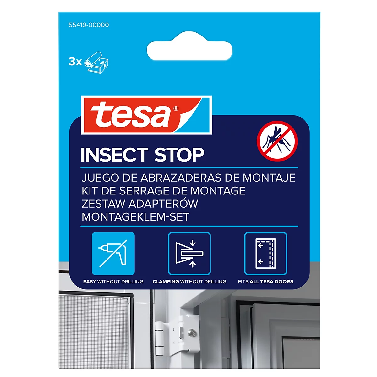 Tesa Insect Stop Kit Verpackung mit Produktabbildung und Texten in verschiedenen Sprachen.