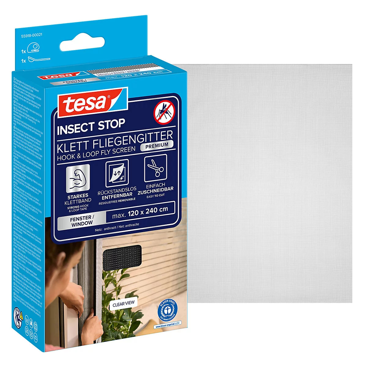 tesa® Klett-Fliegengitter INSECT STOP Premium, zum Befestigen an Fensterrahmen, L 1200 x B 2400 mm, anthrazit-transparent