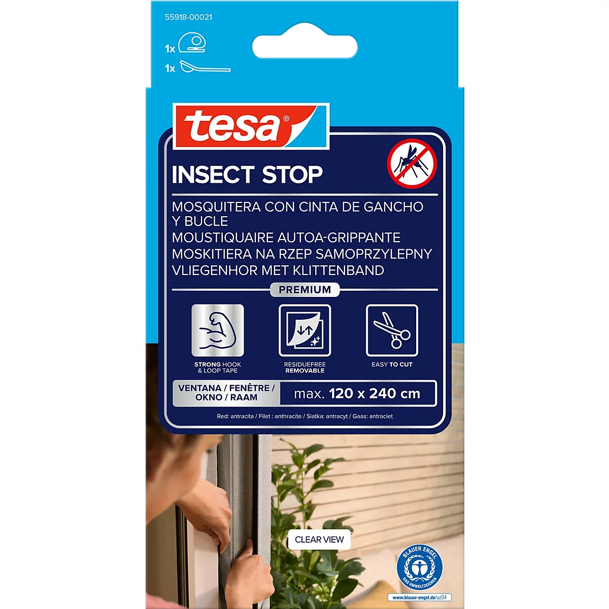 tesa® Klett-Fliegengitter INSECT STOP Premium, zum Befestigen an Fensterrahmen, L 1200 x B 2400 mm, anthrazit-transparent