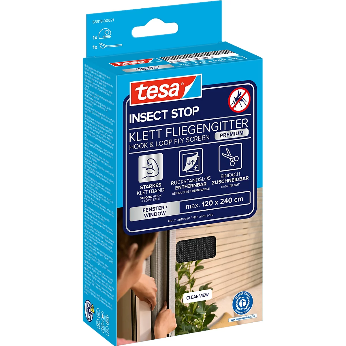 tesa® Klett-Fliegengitter INSECT STOP Premium, zum Befestigen an Fensterrahmen, L 1200 x B 2400 mm, anthrazit-transparent