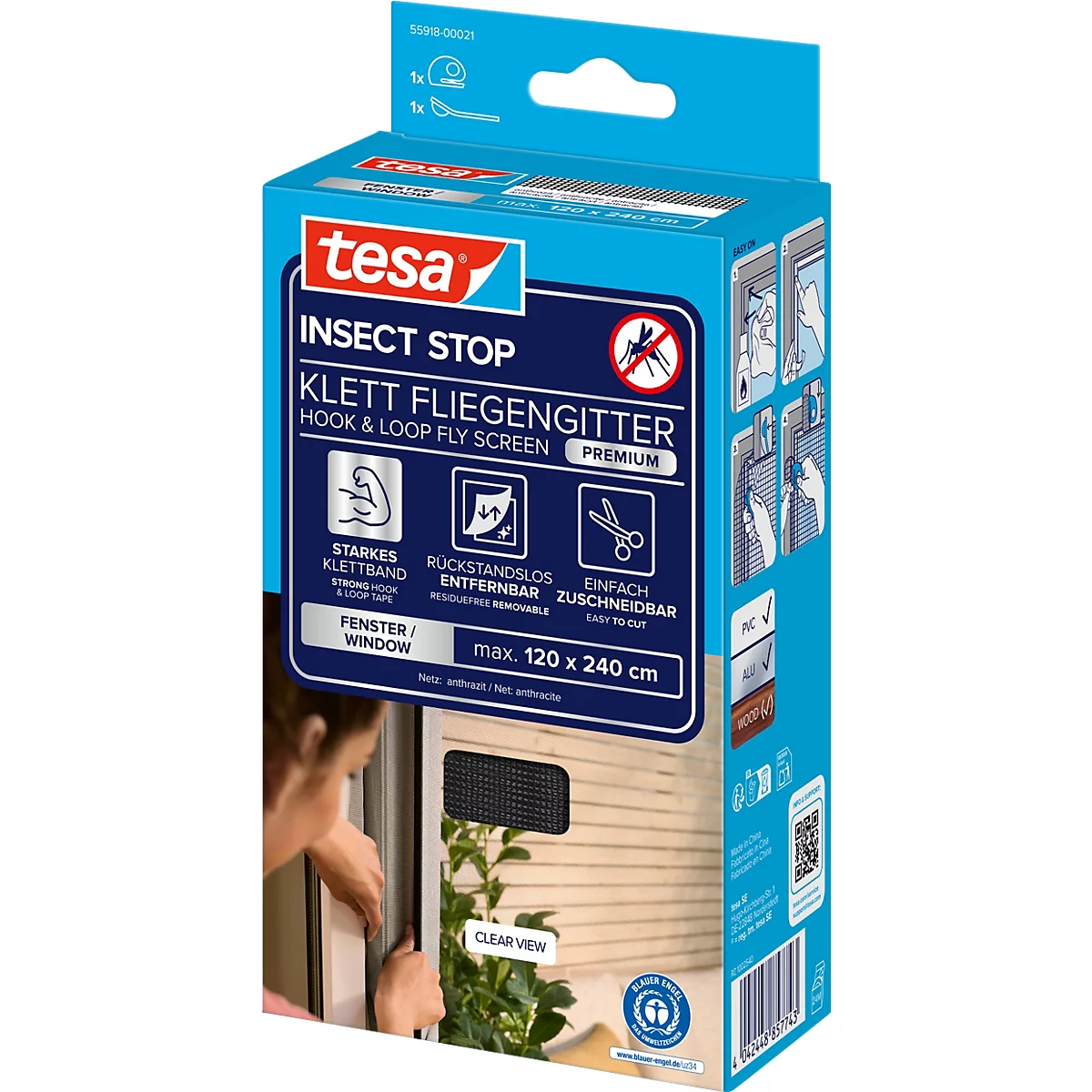tesa® Klett-Fliegengitter INSECT STOP Premium, zum Befestigen an Fensterrahmen, L 1200 x B 2400 mm, anthrazit-transparent