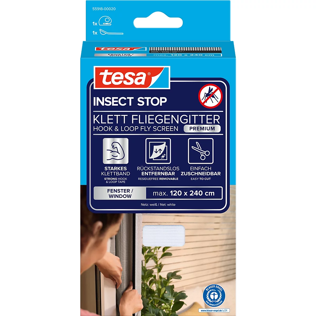 tesa® Klett-Fliegengitter INSECT STOP Premium, zum Befestigen an Fensterrahmen, L 1200 x B 2400 mm, weiß-transparent
