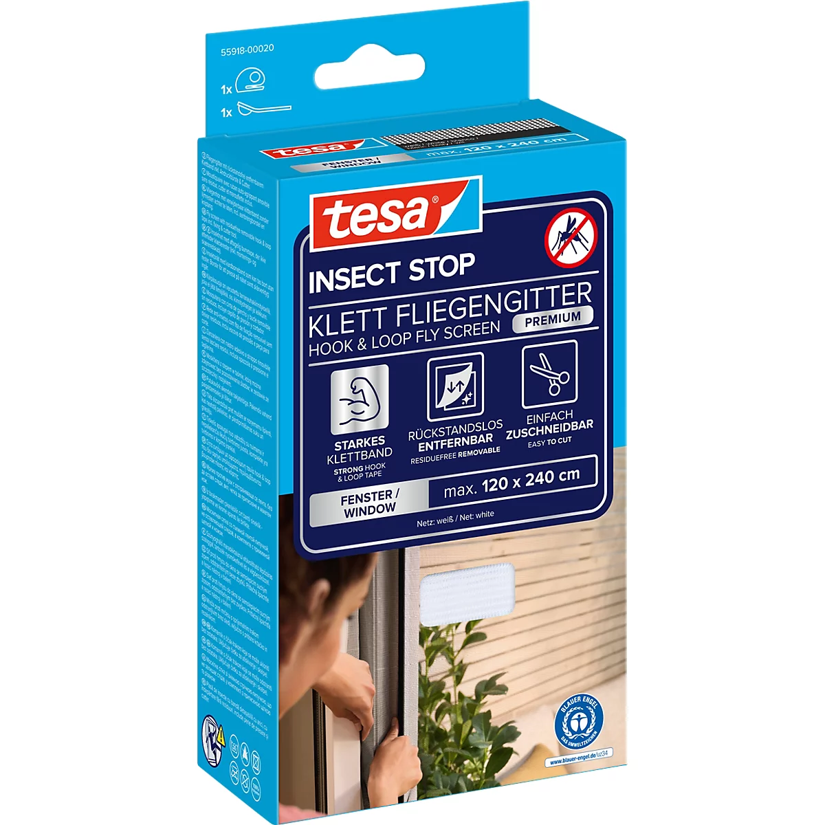 tesa® Klett-Fliegengitter INSECT STOP Premium, zum Befestigen an Fensterrahmen, L 1200 x B 2400 mm, weiß-transparent