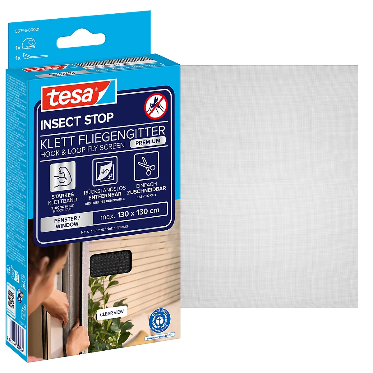 tesa® Klett-Fliegengitter INSECT STOP Premium, zum Befestigen an Fensterrahmen, L 1300 x B 1300 mm, anthrazit-transparent