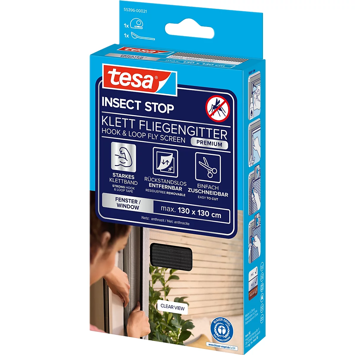 Blau-weiße Verpackung von Tesa Insektenschutz-Gitter, Schriftzug und Produktabbildung, Frau montiert Fliegengitter am Fenster.