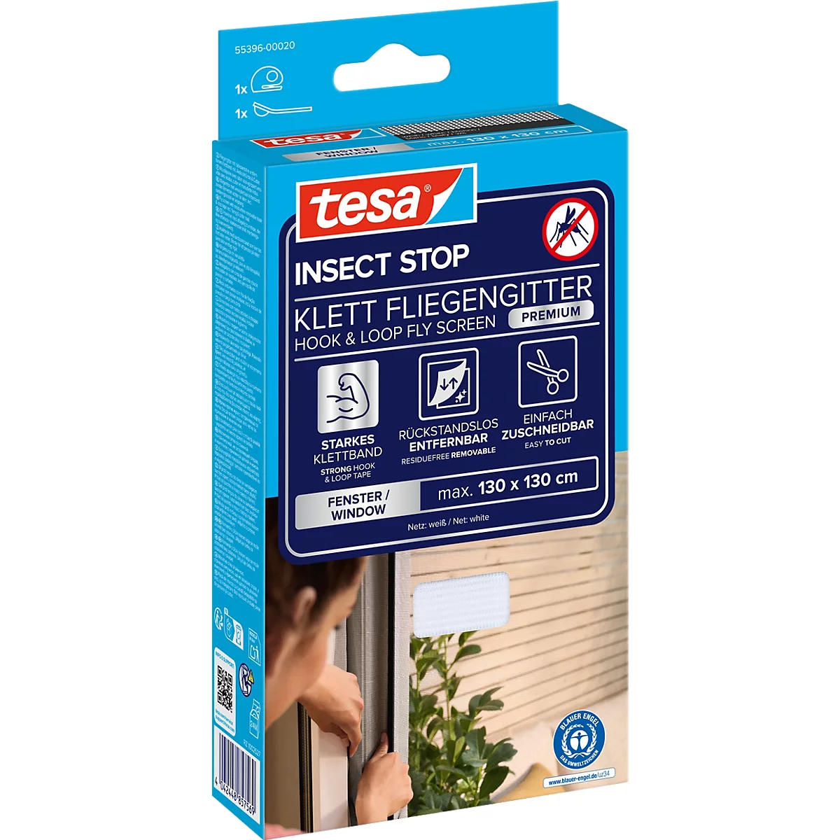 tesa® Klett-Fliegengitter INSECT STOP Premium, zum Befestigen an Fensterrahmen, L 1300 x B 1300 mm, weiß-transparent