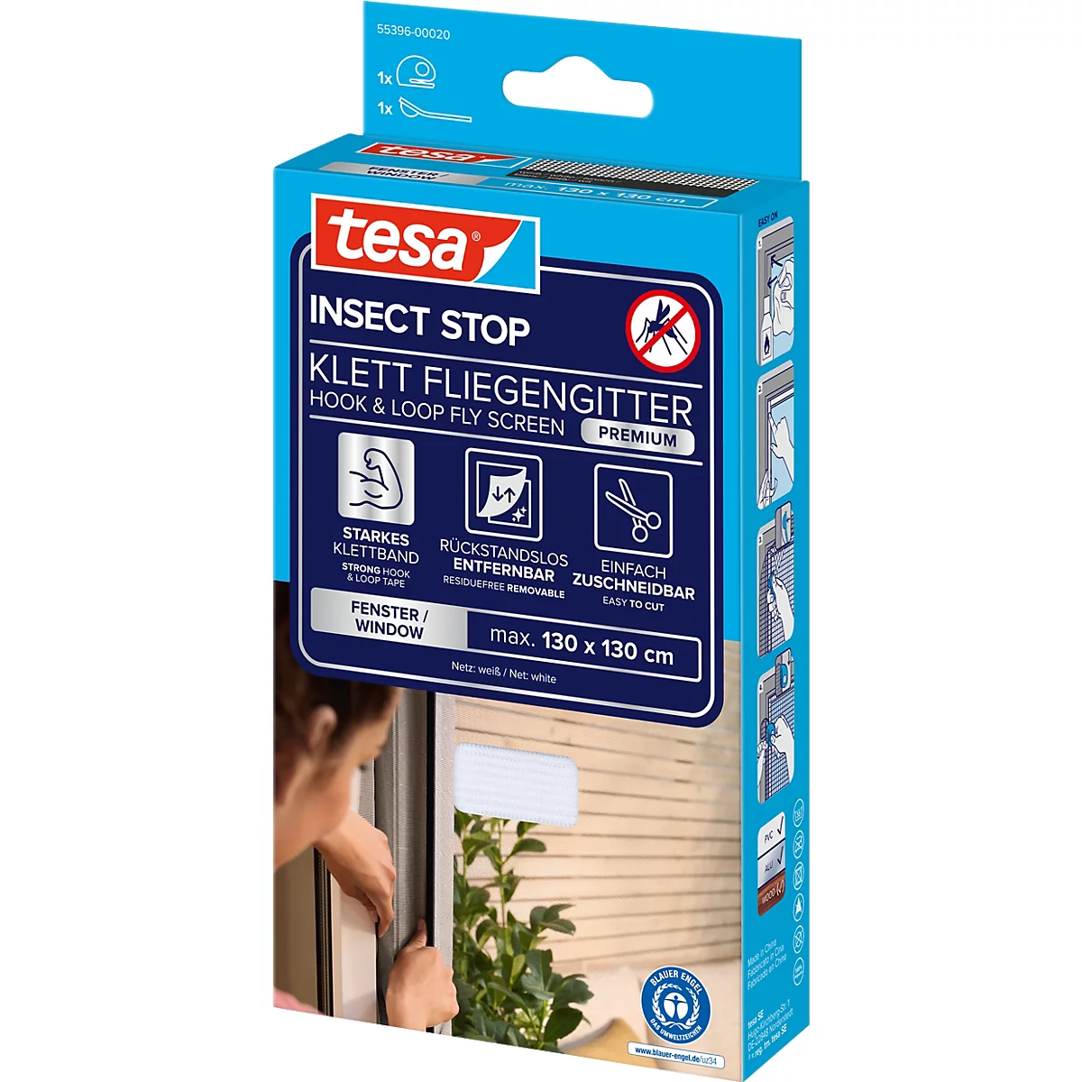 tesa® Klett-Fliegengitter INSECT STOP Premium, zum Befestigen an Fensterrahmen, L 1300 x B 1300 mm, weiß-transparent