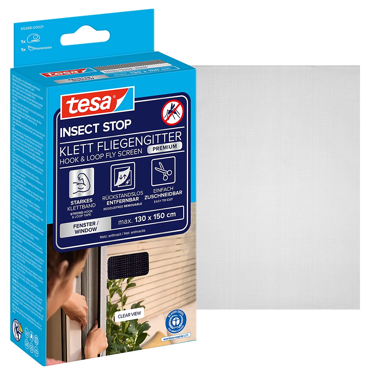 tesa® Klett-Fliegengitter INSECT STOP Premium, zum Befestigen an Fensterrahmen, L 1300 x B 1500 mm, anthrazit-transparent
