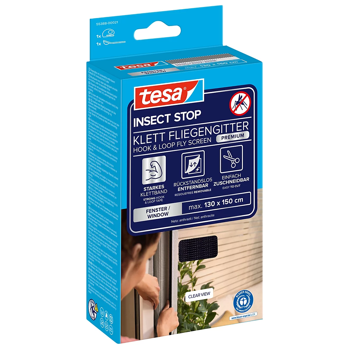 Blau-weiße Verpackung mit rotem Logo. Darauf steht "tesa INSECT STOP Klett Fliegengitter". Der Klettverschluss wird an einem Fenster angebracht. 