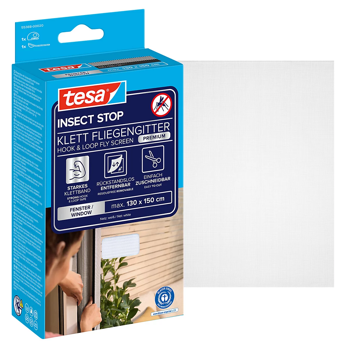 tesa® Klett-Fliegengitter INSECT STOP Premium, zum Befestigen an Fensterrahmen, L 1300 x B 1500 mm, weiß-transparent