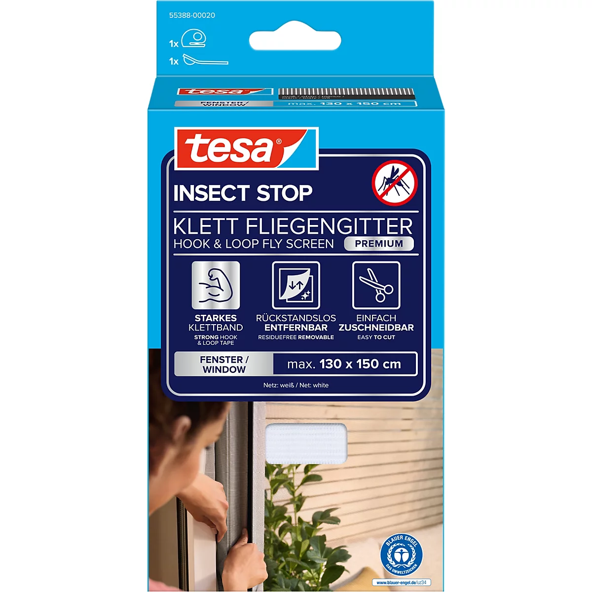 tesa® Klett-Fliegengitter INSECT STOP Premium, zum Befestigen an Fensterrahmen, L 1300 x B 1500 mm, weiß-transparent