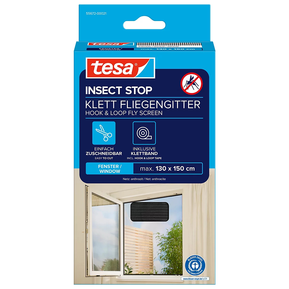tesa® Klett-Fliegengitter INSECT STOP, zum Befestigen an Fensterrahmen, L 1300 x B 1500 mm, anthrazit-transparent