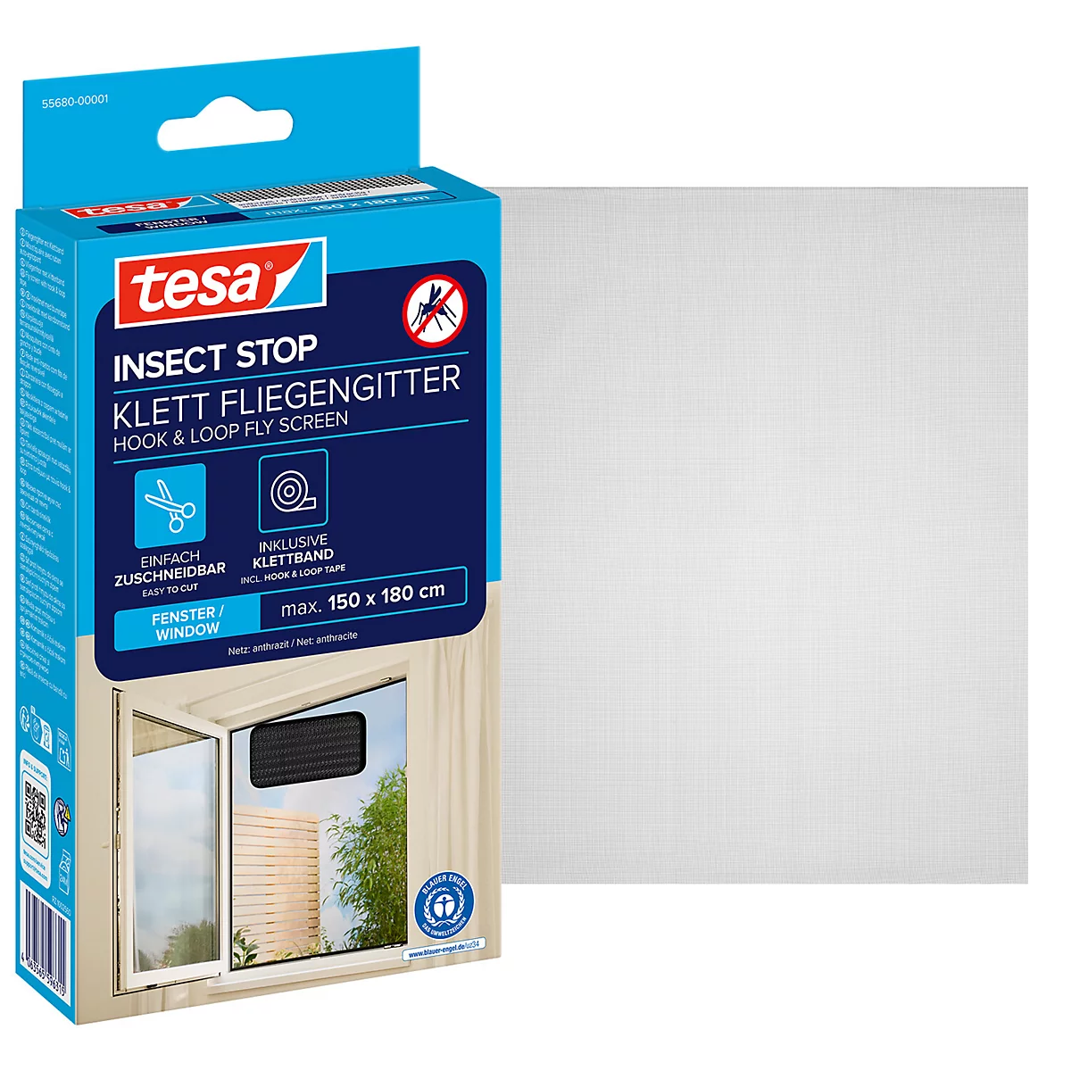 tesa® Klett-Fliegengitter INSECT STOP, zum Befestigen an Fensterrahmen, L 1500 x B 1800 mm, anthrazit-transparent