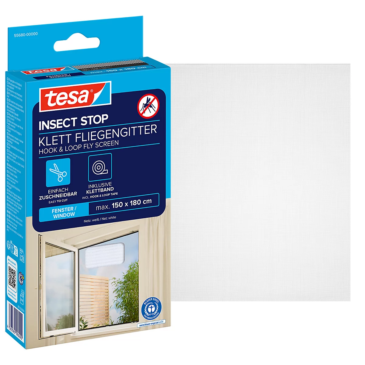Produktverpackung eines Fliegengitters von Tesa. Auf der Verpackung steht „Insect Stop Klett Fliegengitter“ und ist blau und weiß.