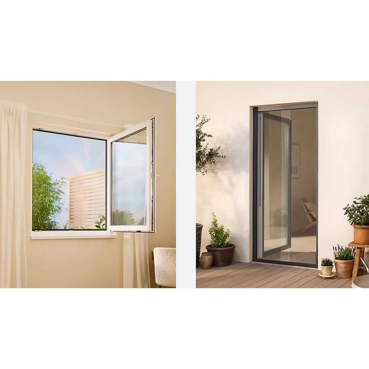Fliegengitter an Fenstern und Türen. Links Fenster, rechts Tür mit Fliegengitter. Logo von tesa.
