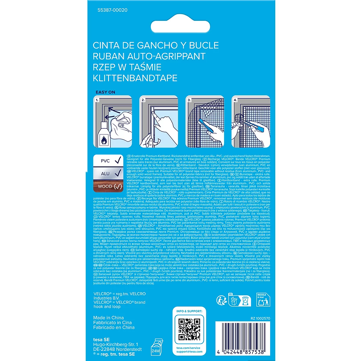 Rückseite einer Klettbandverpackung mit Produktnamen, Anwendungsszenen und QR-Code.