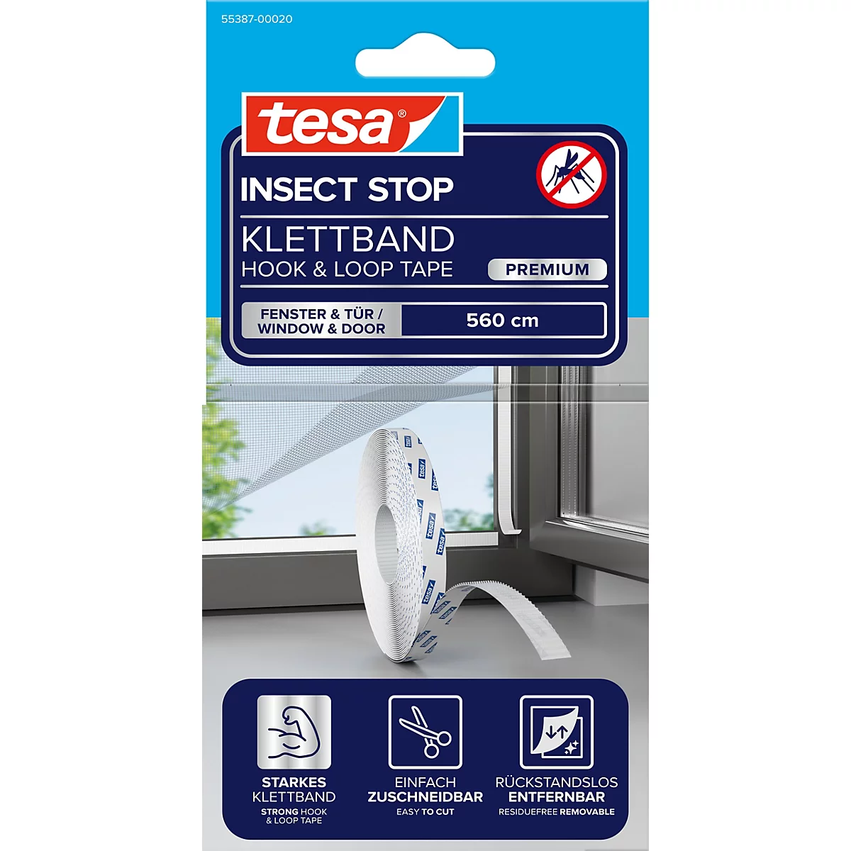 tesa® Klettband INSECT STOP Premium, zur Befestigung von INSECT STOP Fliegengittern an Fensterrahmen, selbstklebend, entfernbar, L 5600 mm, weiß