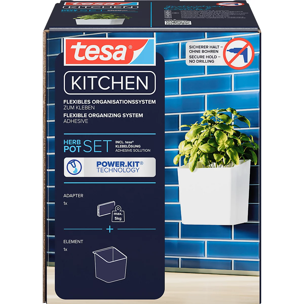 Produktverpackung von tesa Kitchen. Ein weisser Kräutertopf mit Pflanzen ist an einer blauen Wand befestigt.