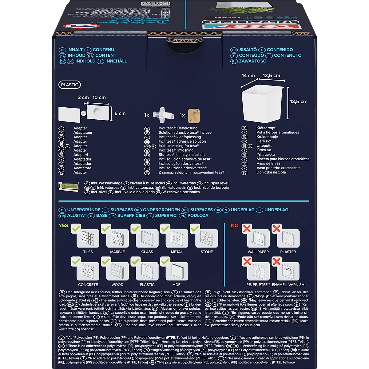 Detailansicht der Rückseite einer Produktverpackung. Der Inhalt wird aufgelistet, Masse und Oberflächenkompatibilitäten werden angezeigt.