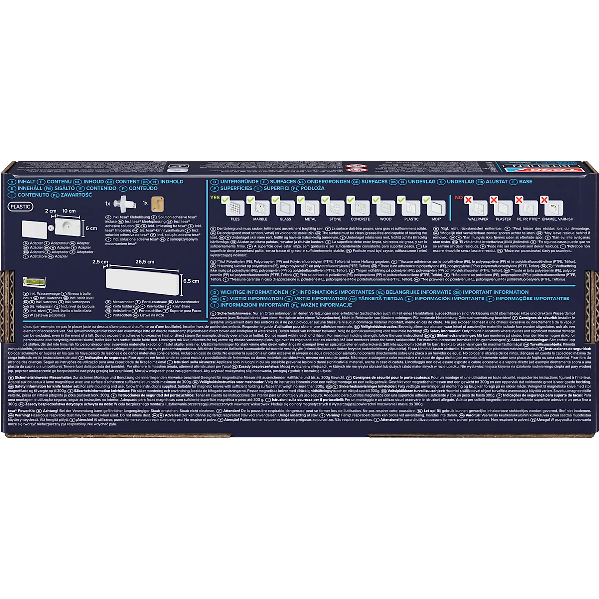 Rückseite einer Verpackung. Text, Skizzen, Symbole und Masse sind auf dunklem Hintergrund abgebildet.