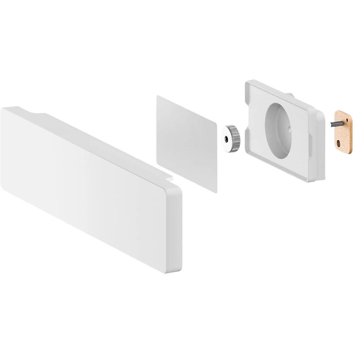 Explodierte Ansicht eines weissen Wandthermostats, zeigt Einzelteile.