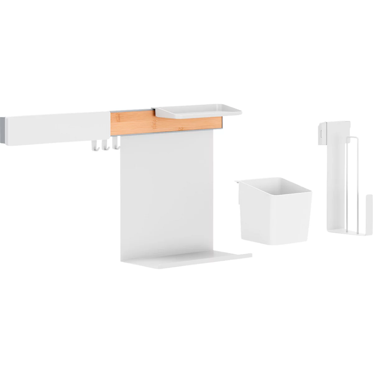 Weisse Schreibtisch-Organizer-Set, bestehend aus einer Wandhalterung, Haken, einem Ablagefach und einem Behälter. 