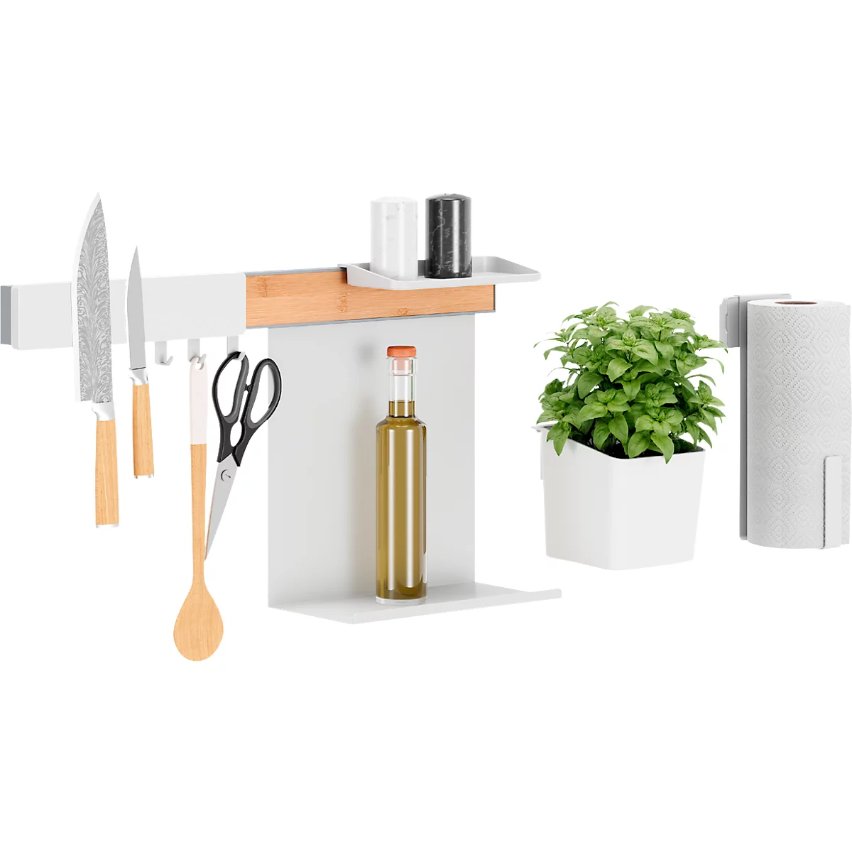 Weisses Küchenregal mit Messern, Kochutensilien, Gewürzen, Öl, Kräutern und Küchenrolle. Ein funktionales Design mit einem modernen Touch.