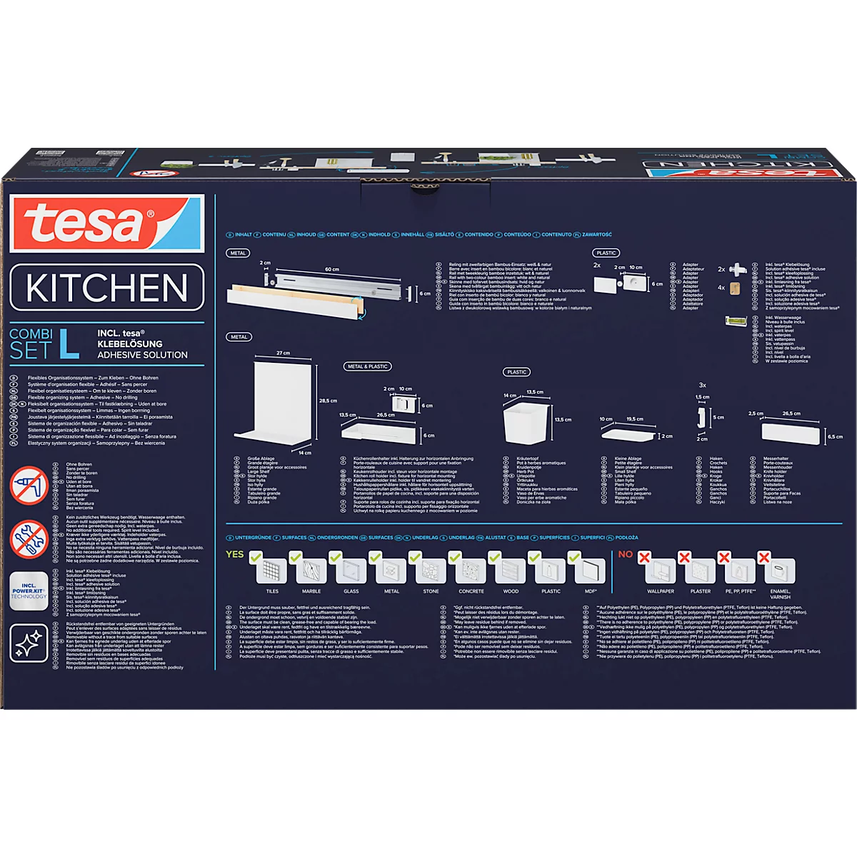 Blau-weisse Verpackung von tesa Kitchen. Produktabbildungen und Produktinformationen.