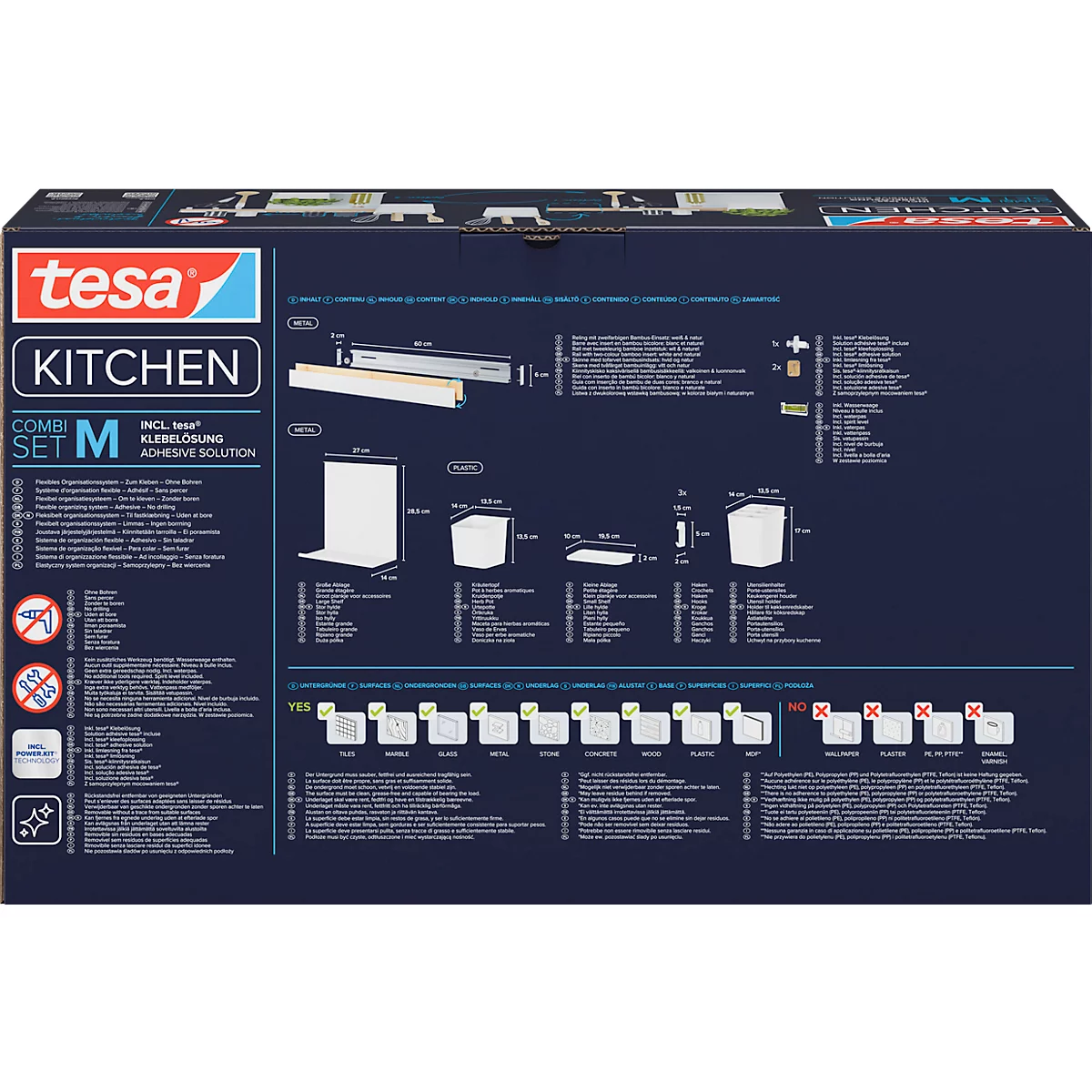 Rückseite einer blauen Produktverpackung mit der Aufschrift „tesa Kitchen“ und Illustrationen zu Anwendung und Eigenschaften.