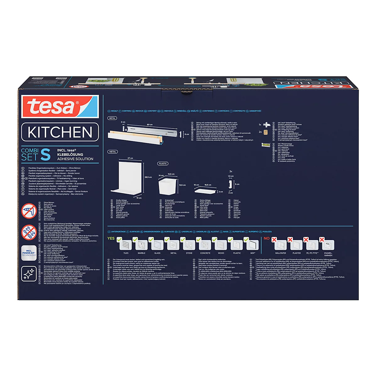 Rückseite einer Produktverpackung von Tesa Kitchen Combi Set S mit schematischen Darstellungen und Texten.