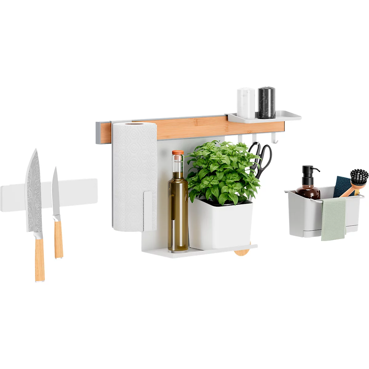 Küchenorganisationssystem mit Messerleiste, Papierhalter, Kräutertopf, Ölflasche, Gewürzen und Putzutensilien.