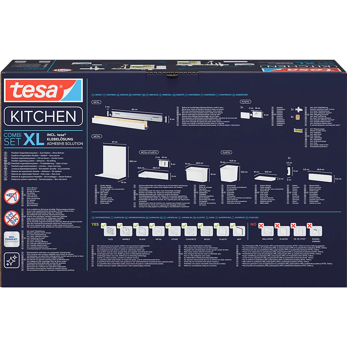 Tesa Kitchen Combi Set XL-Verpackung. Auf der Verpackung sind Anwendungsbeispiele und Produktabbildungen zu sehen.