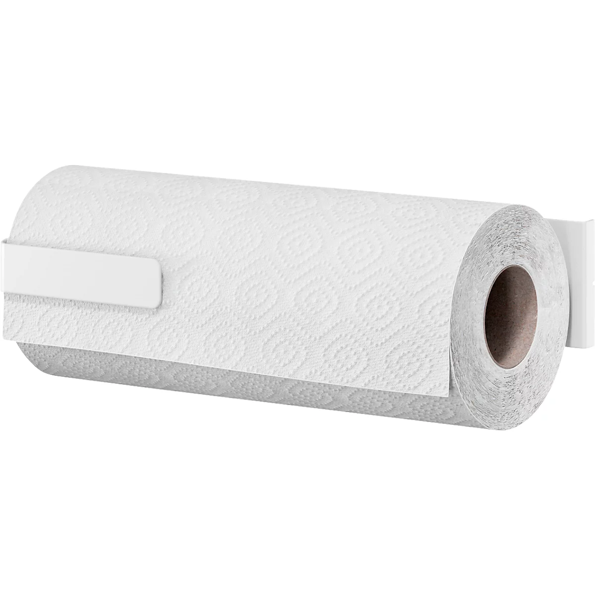 Weisses Küchenpapier an einer Halterung. Das Papier hat ein geprägtes Muster.