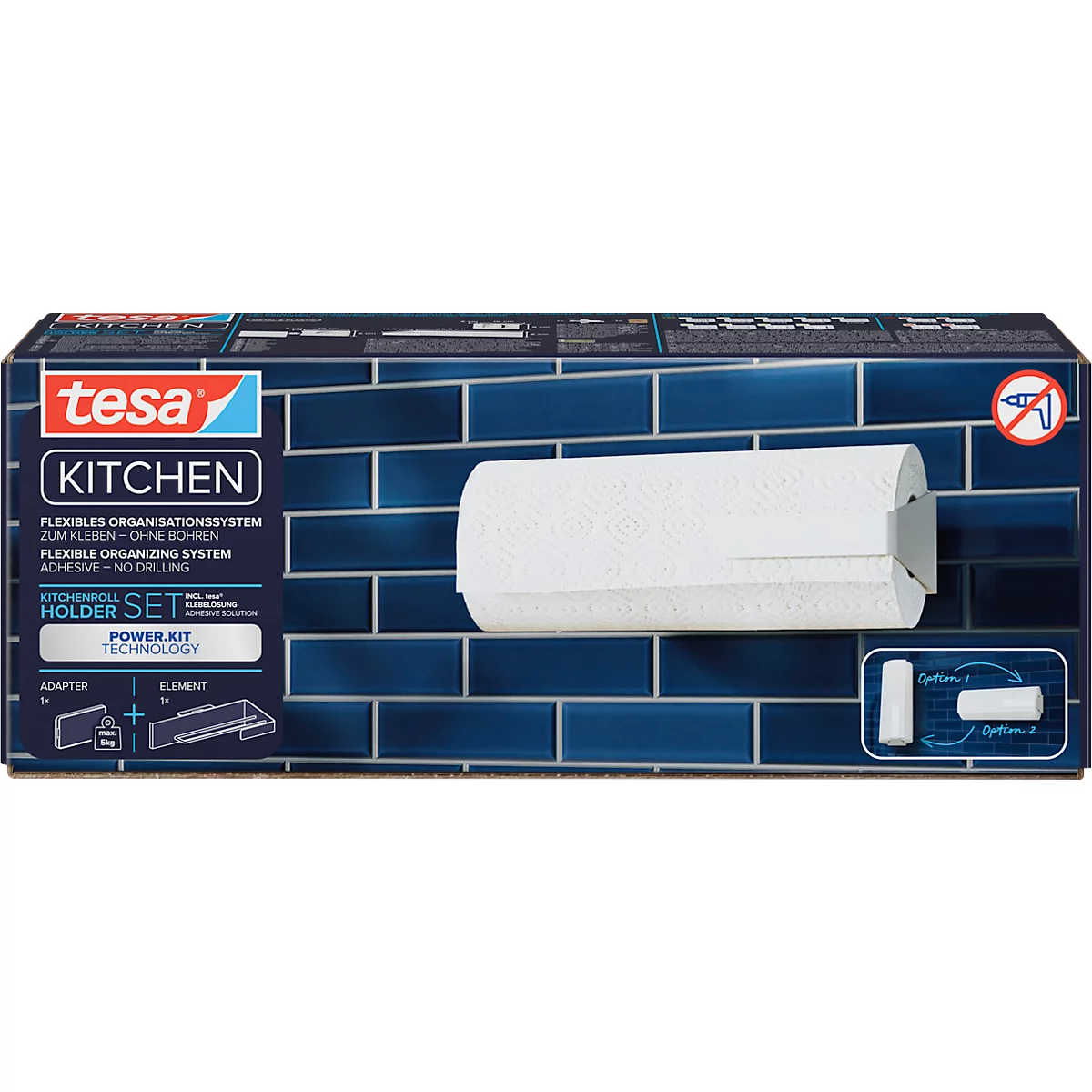 Tesa Küchenrollenhalter-Set, Verpackung vor blauen Fliesen. Produktname und -merkmale sind sichtbar.