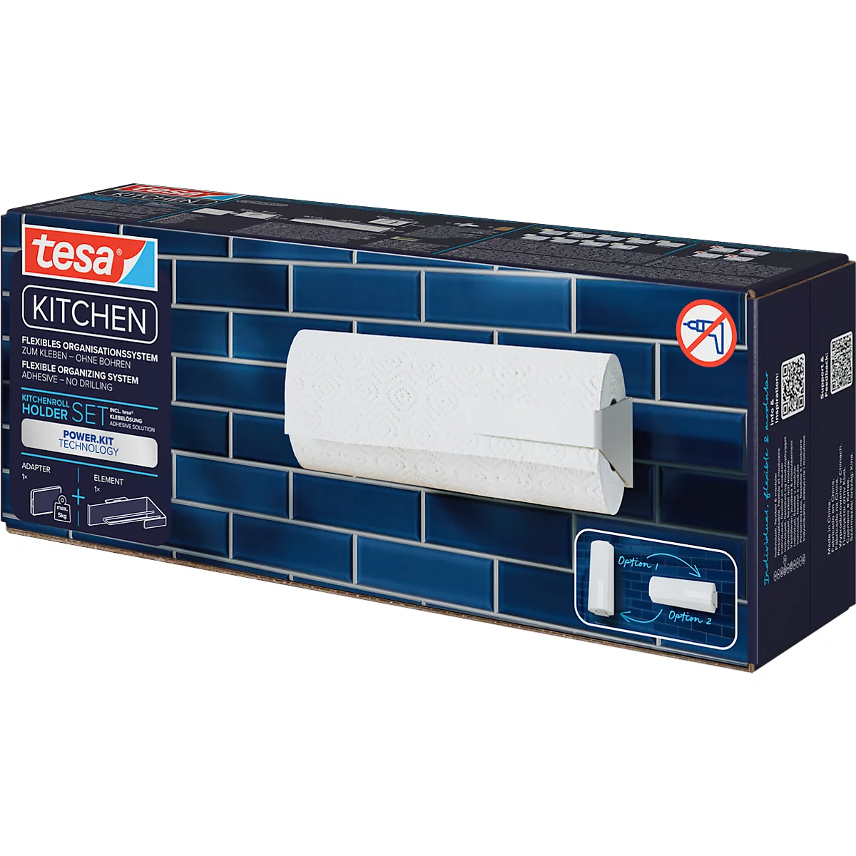 Verpackung des "tesa Kitchen" Papierrollenhalters vor blau gefliestem Hintergrund. Text: "Flexible Organisationssysteme".