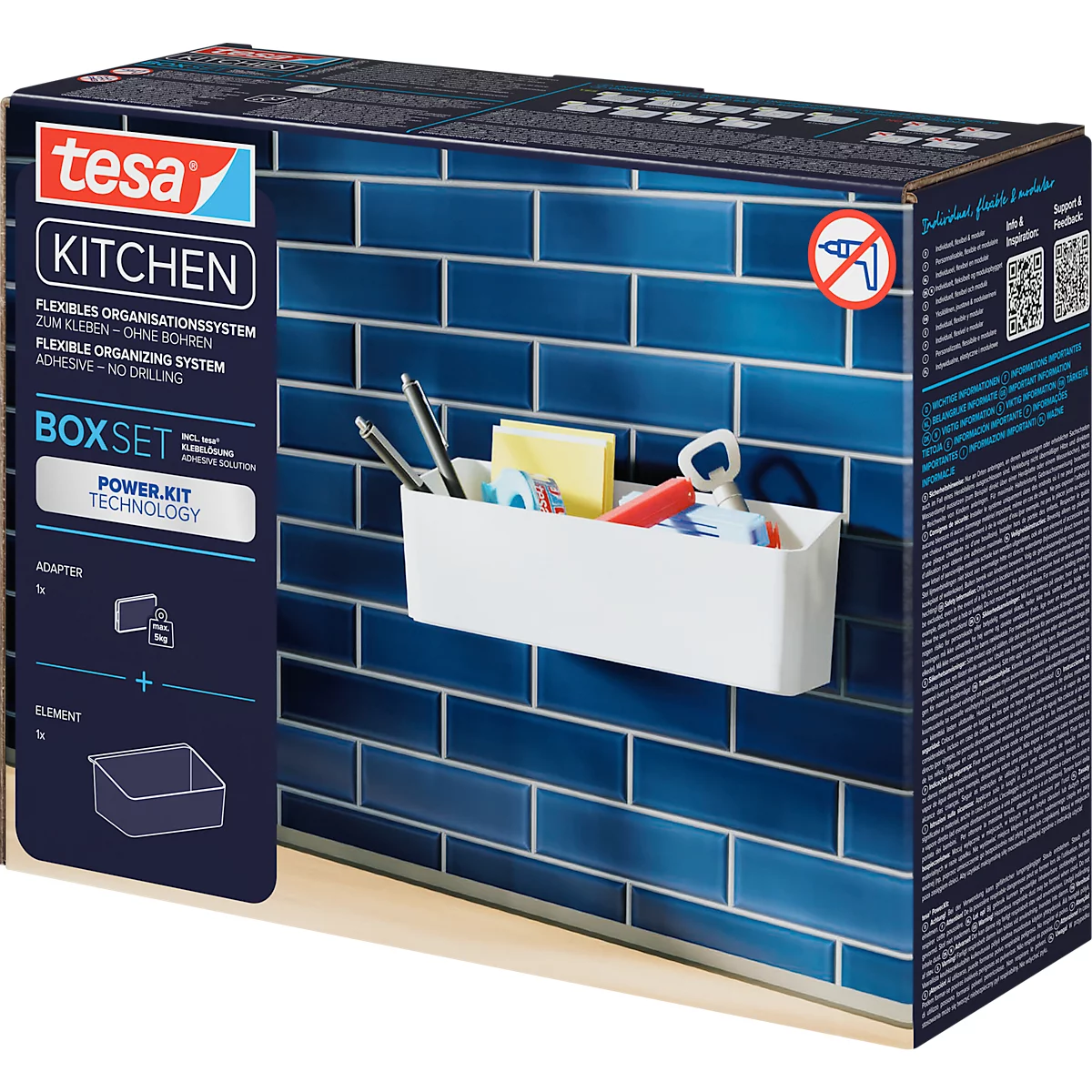 Tesa Boxset für die Küche, weisses Regal mit Inhalt an blauer Wand. Text: Flexibles Organisationssystem ohne Bohren.