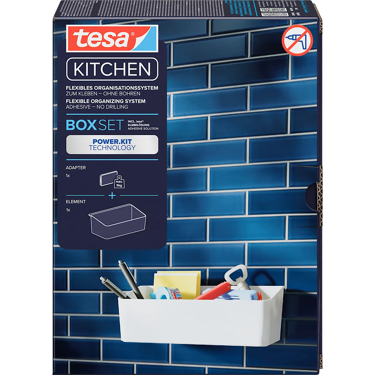 Weisse Küchenbox von tesa an blauen Fliesen. Im Boxset: Adapter, Element, Schriftzüge.