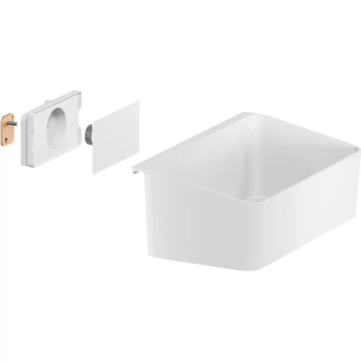 Weisser Küchenschrank mit zerlegten Teilen daneben.