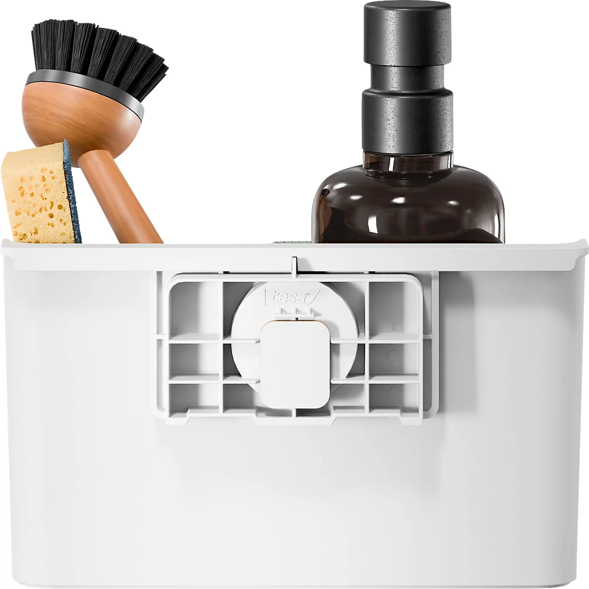 Weisser Küchenorganizer mit Schwamm, Bürste und Seifenspender.