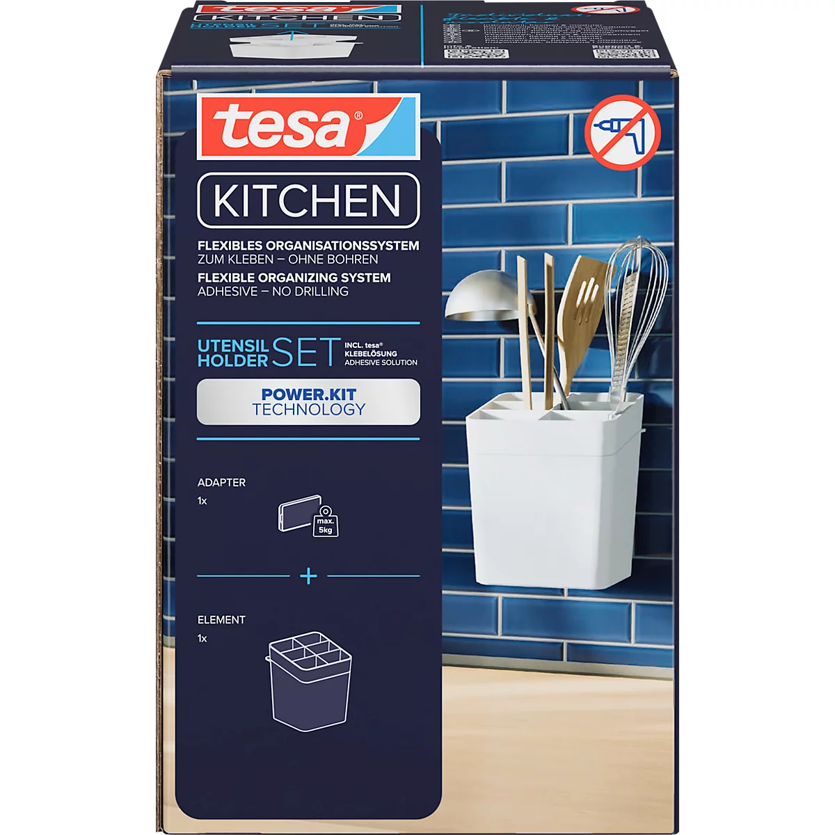 Produktverpackung mit einem Utensilienhalter, der an blauen Fliesen befestigt ist. Auf der Verpackung ist "tesa Kitchen" und "Power.Kit Technology" zu lesen.