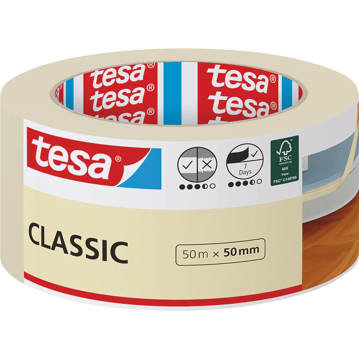 Beige Tesafilm-Rolle. Aufschrift: tesa, CLASSIC, 50m x 50mm, FSC-Siegel. Symbole mit Häkchen und Kreuz.