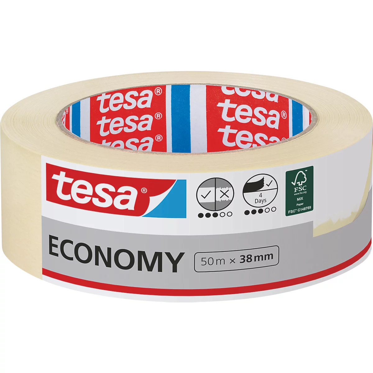 Tesafilm-Rolle mit roter Beschriftung "tesa", grauer Aufschrift "ECONOMY" und grüner FSC-Kennzeichnung. Aufdrucke mit Produktinformationen.