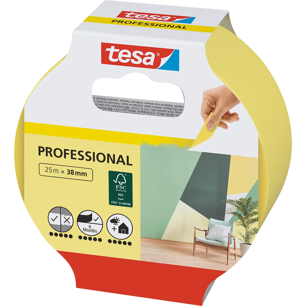 Gelbe tesa PROFESSIONAL Rolle mit Logo und Hand, die das Papier abzieht. Im Hintergrund eine Wand mit geometrischen Formen.