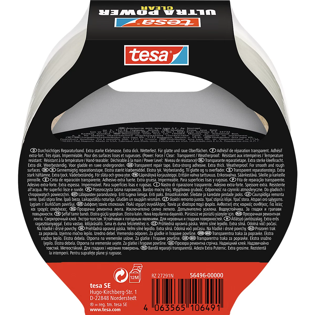 tesa® Montageband Ultra Power Clear, robust, temperatur-/wasser-/UV-beständig, von Hand einreißbar, 1 Rolle mit L 10 m x B 48 mm, transparent