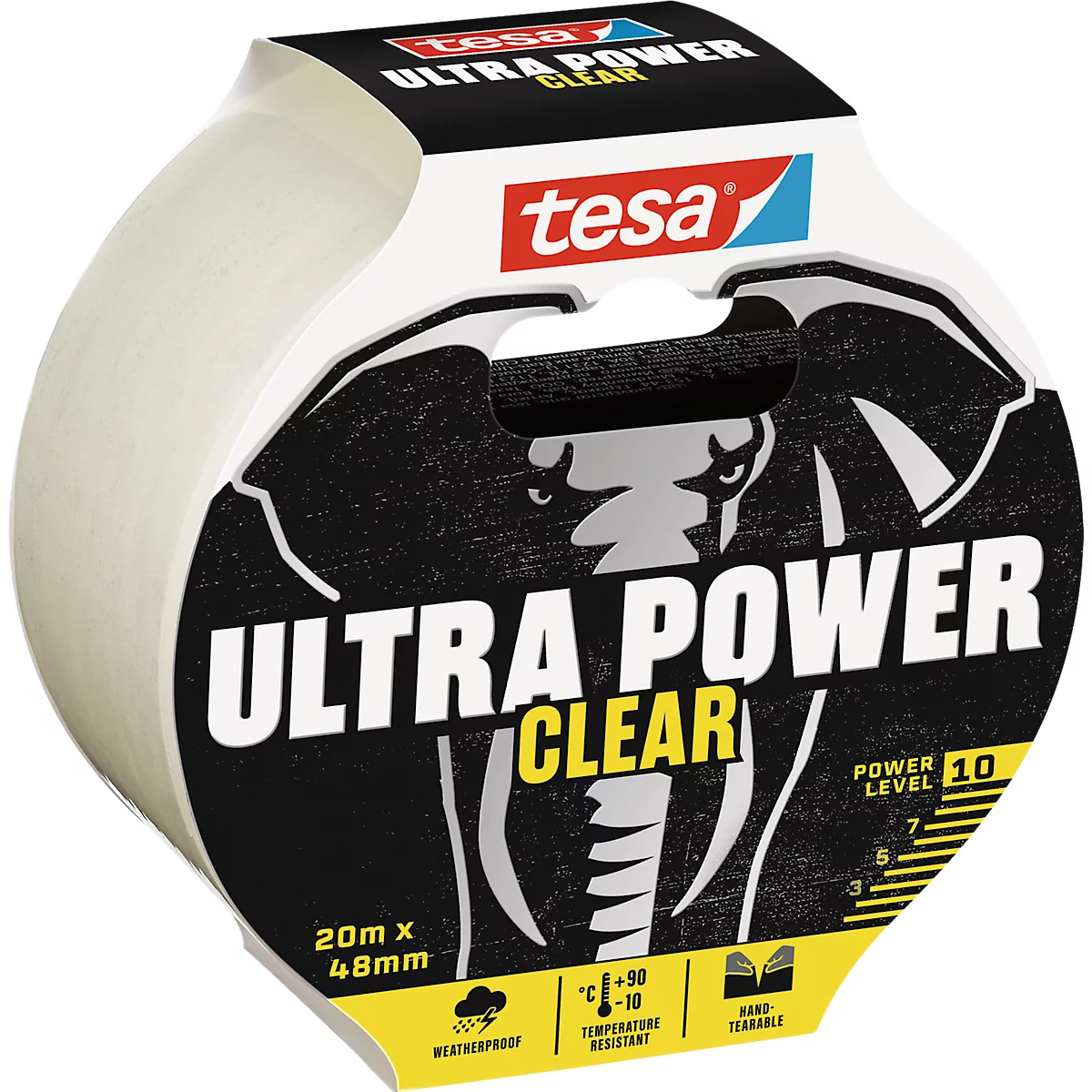 tesa® Montageband Ultra Power Clear, robust, temperatur-/wasser-/UV-beständig, von Hand einreißbar, 1 Rolle mit L 20 m x B 48 mm, transparent