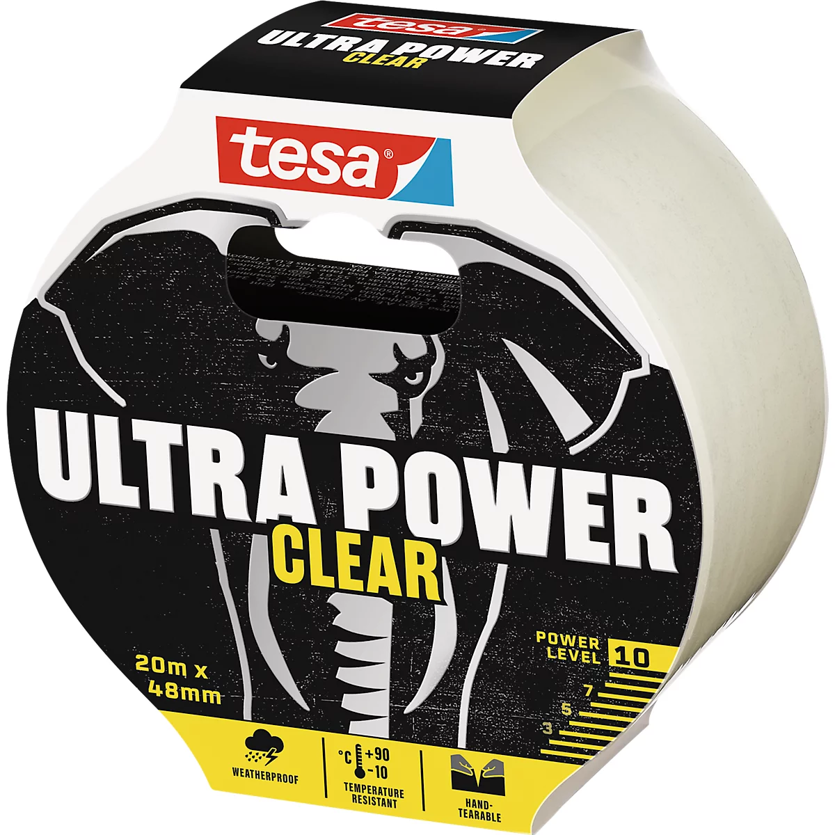 tesa® Montageband Ultra Power Clear, robust, temperatur-/wasser-/UV-beständig, von Hand einreißbar, 1 Rolle mit L 20 m x B 48 mm, transparent
