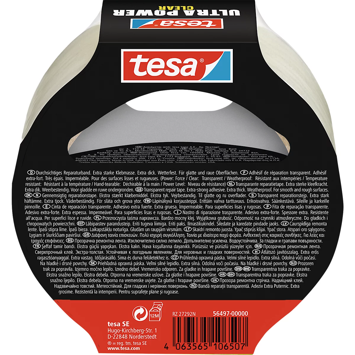 tesa® Montageband Ultra Power Clear, robust, temperatur-/wasser-/UV-beständig, von Hand einreißbar, 1 Rolle mit L 20 m x B 48 mm, transparent