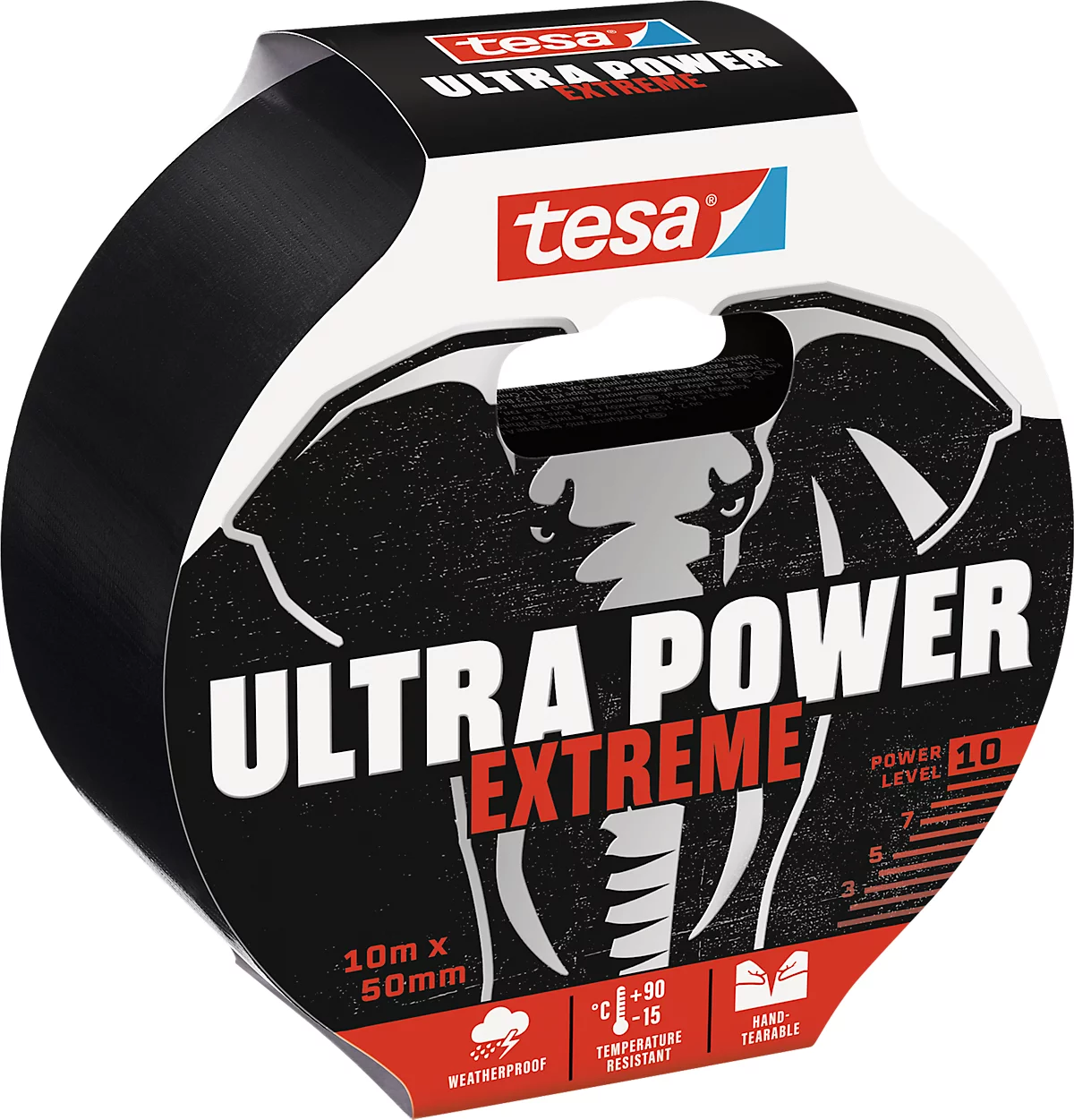 tesa® Montageband Ultra PowerExtrem, robust & reißfest, temperatur-/wasser-/UV-beständig, von Hand einreißbar, 1 Rolle mit L 10 m x B 50 mm, schwarz